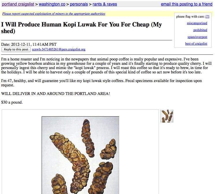 SHOCK: Portland Man Sells Human Poop Coffee On Craigslist