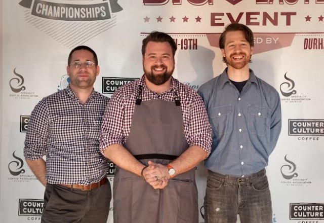 Mr. Bonchak with 2nd place finisher Colin Whitcomb of MadCap Coffee (at left) 3rd place finisher James Tooill of Argo Sons Coffee (at right). 