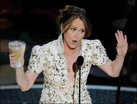 Melissa Leo drinks an iced latte during her acceptance speech at last year's ceremony. 