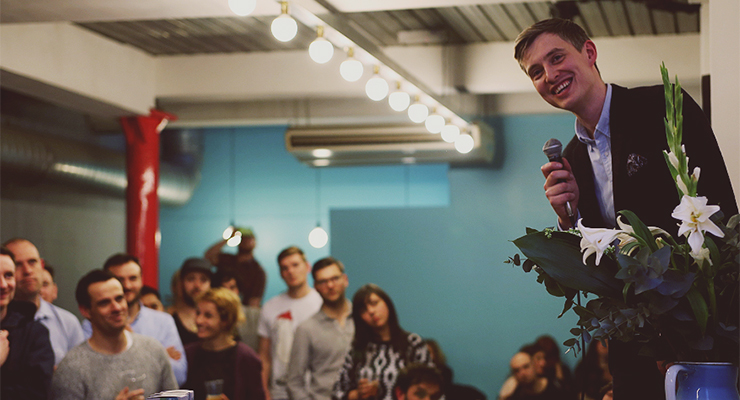 James Hoffmann addresses a crowd at an event last month at Prufrock Coffee in London.