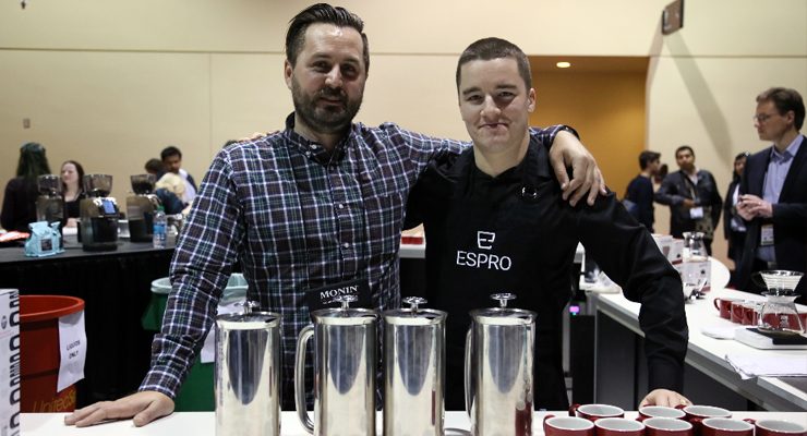 Bryan Duggan (Counter Culture Coffee) and Jacob Moss (Espro) brew at the brew bar.