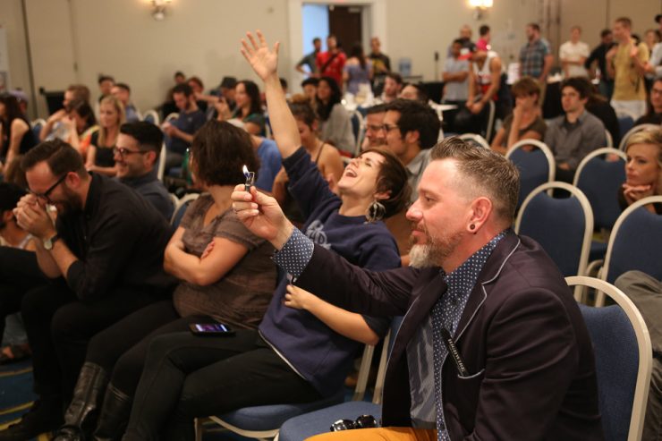 A triumphant moment at the 2015 Big Western Barista Competition in Rancho Mirage, California.