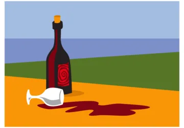 bad mood. bottle of wine, spilled wine on the table. overturned glass. vector image for illustrations.