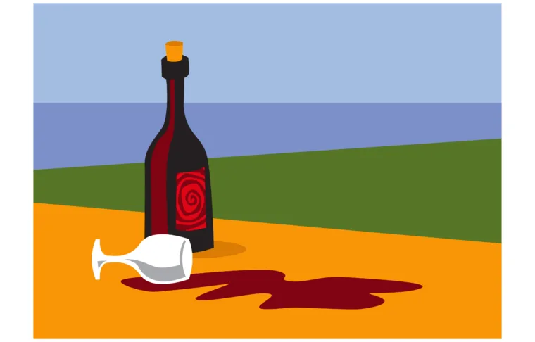 bad mood. bottle of wine, spilled wine on the table. overturned glass. vector image for illustrations.