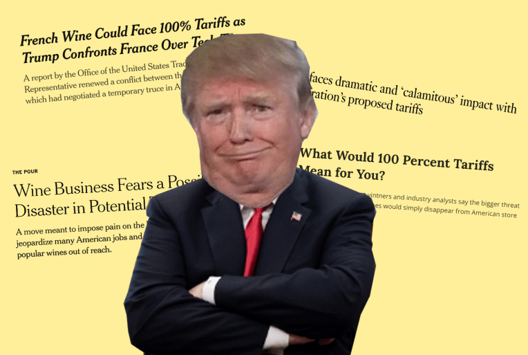 photo illustration of trump with four newspaper headlines behind him