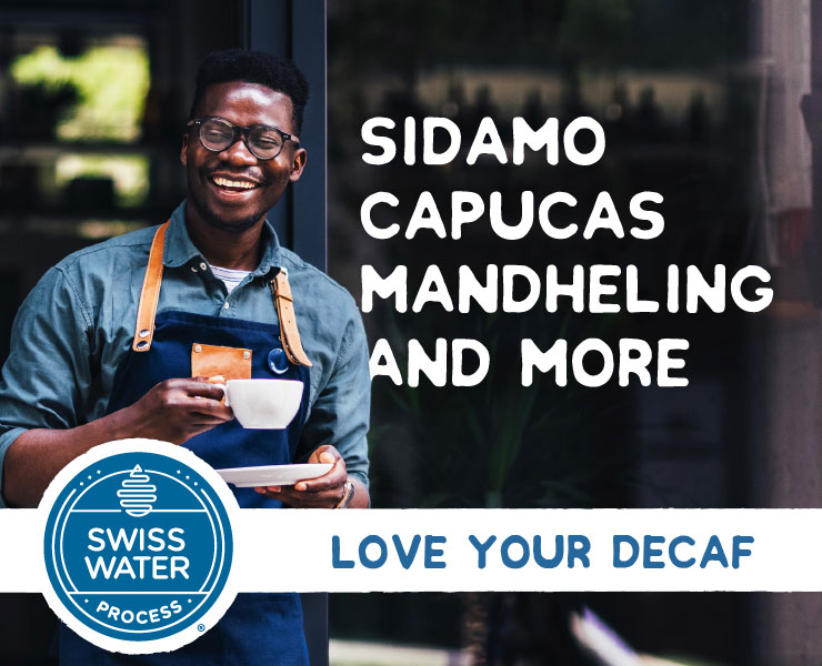 banner advertising swiss water decaf coffee sidamo capucas mandheling and more