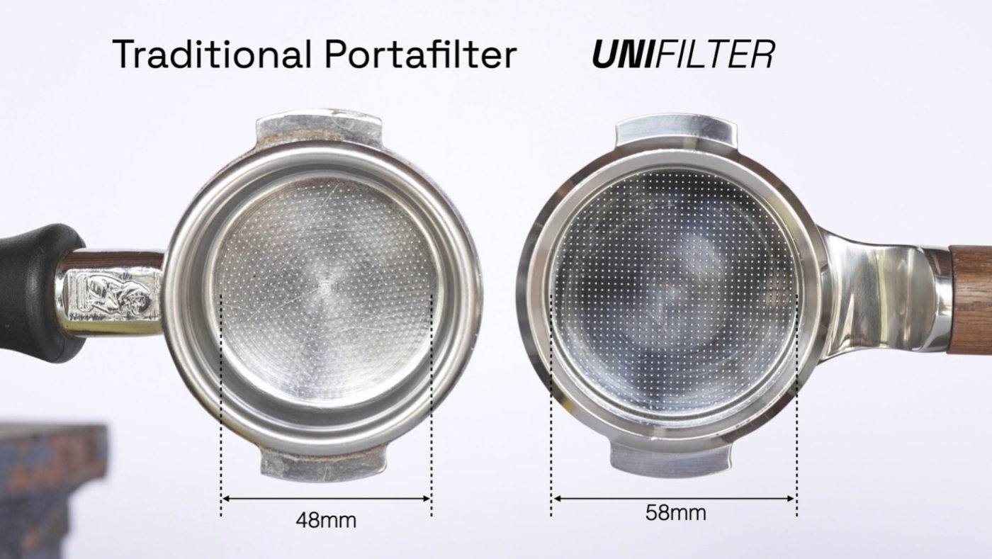 comparing traditional basket with 48mm of screen with 58mm unifilter basket.
