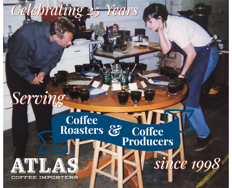 banner advertising atlas coffee importers celebrating 25 years serving coffee roasters and coffee producers