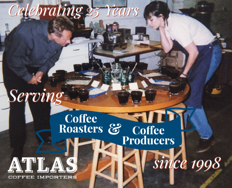 banner advertising atlas coffee importers celebrating 25 years serving coffee roasters and coffee producers