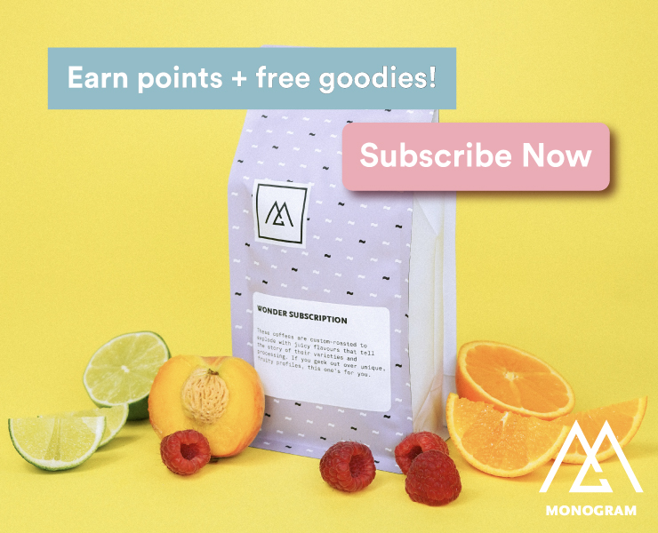 banner advertising monogram subscription earn points and free goodies
