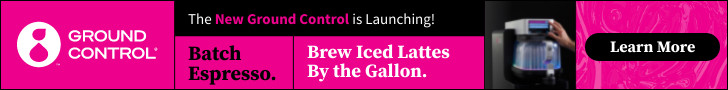 banner advertising the new ground control batch espresso brew iced lattes by the gallon learn more