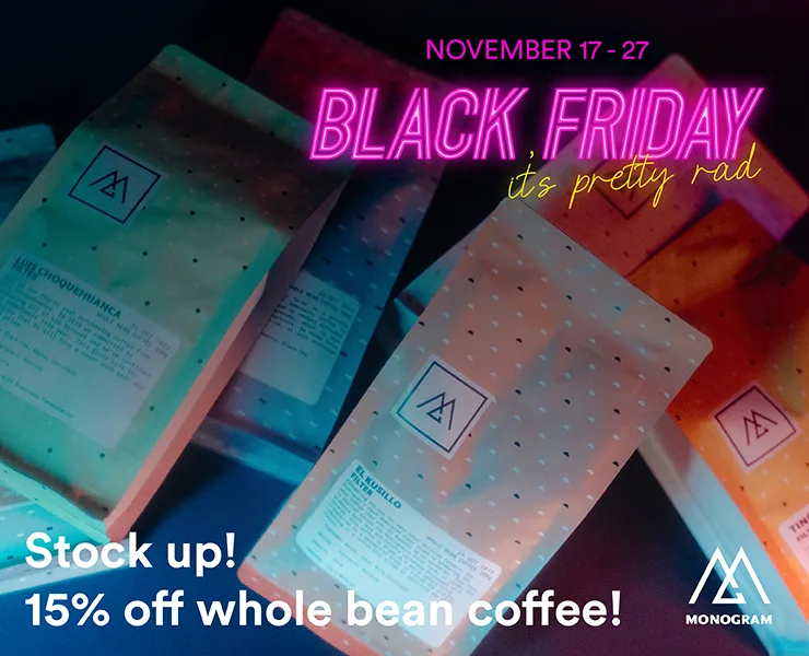 banner advertising monogram coffee black friday 15% off sale on wholebean coffee