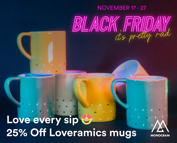 banner advertising monogram coffee black friday sale on loveramics mugs