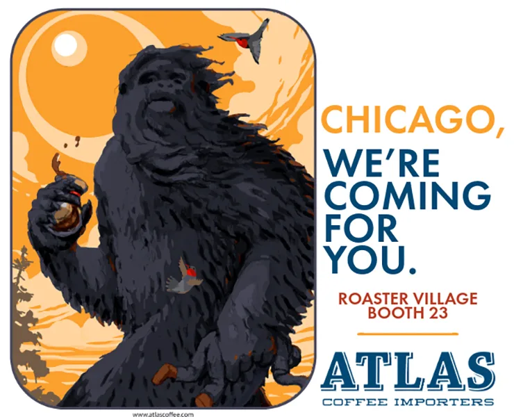 bannerová reklama dovozcov kávy atlasu na výstave SCA EXPO 2024 v Chicagu