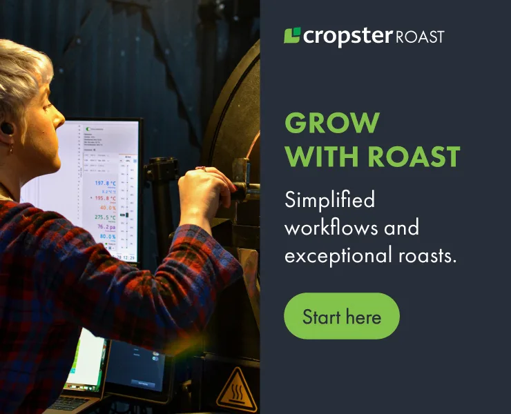 لافتة إعلانية لـ Cropster ROAST Grow With Roast، وسير العمل المبسط والتحميص الاستثنائي
