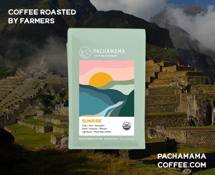 banner advertising Pachamama, Coffee Roasted By Farmers