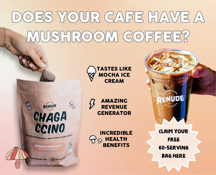 Renude banner advertising chagaccino mushroom coffee